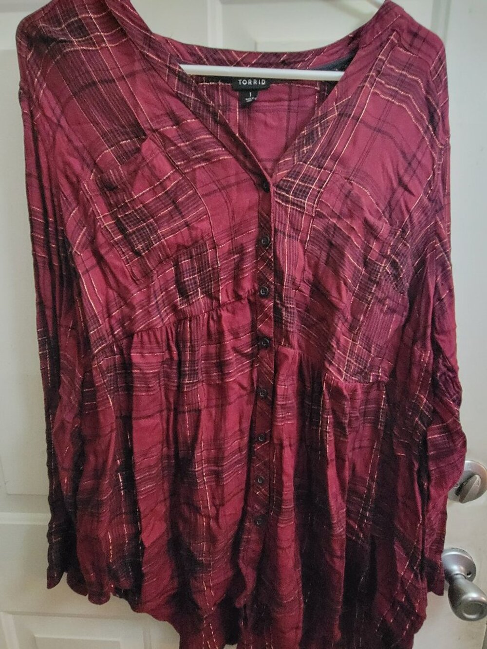 Torrid Burgundy Gold Plaid Button Down Shirt, Size 1X